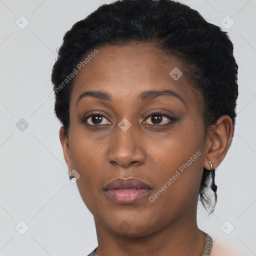 Neutral black young-adult female with short  black hair and brown eyes