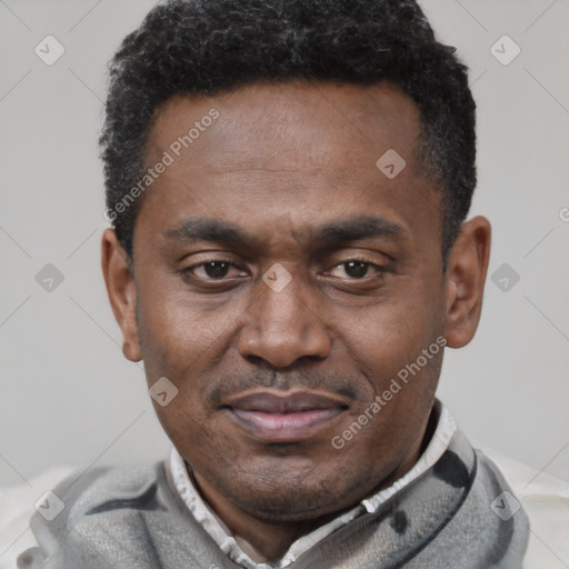 Neutral latino adult male with short  black hair and brown eyes