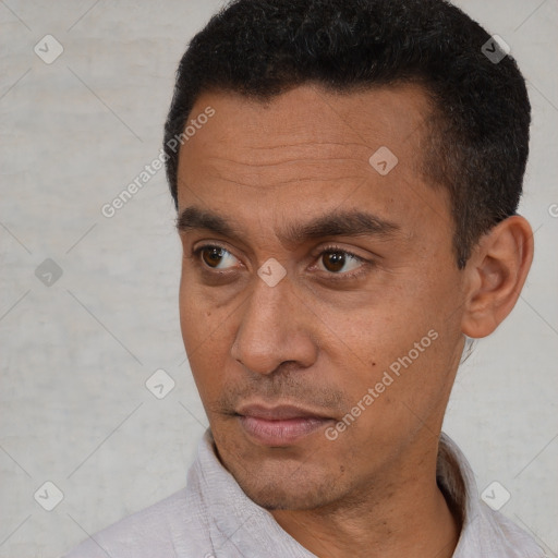 Neutral latino young-adult male with short  black hair and brown eyes