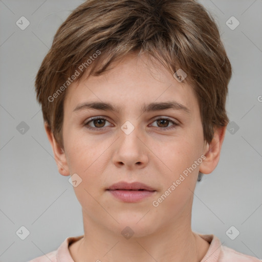 Neutral white young-adult female with short  brown hair and grey eyes