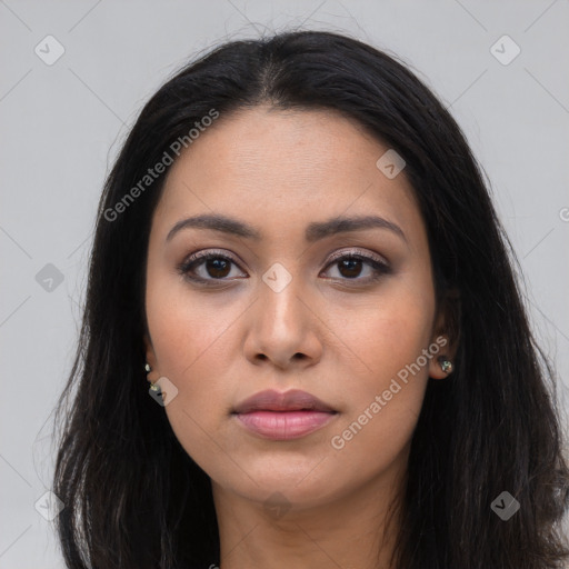 Neutral latino young-adult female with long  black hair and brown eyes