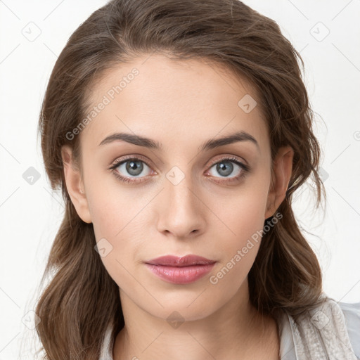 Neutral white young-adult female with medium  brown hair and grey eyes