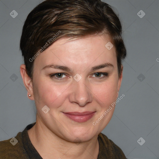 Joyful white young-adult female with medium  brown hair and grey eyes