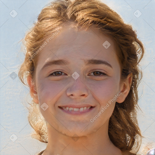 Joyful white child female with medium  brown hair and brown eyes