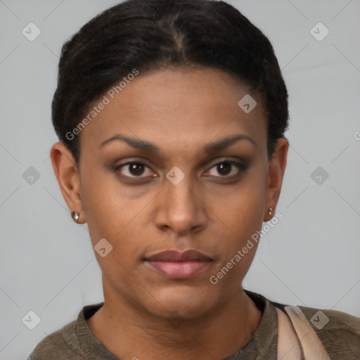 Neutral black young-adult female with short  brown hair and brown eyes