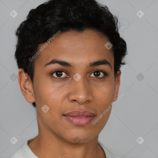 Joyful latino young-adult female with short  brown hair and brown eyes