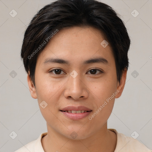 Joyful asian young-adult female with short  brown hair and brown eyes