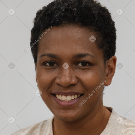 Joyful black young-adult female with short  black hair and brown eyes