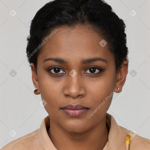 Neutral black young-adult female with short  black hair and brown eyes