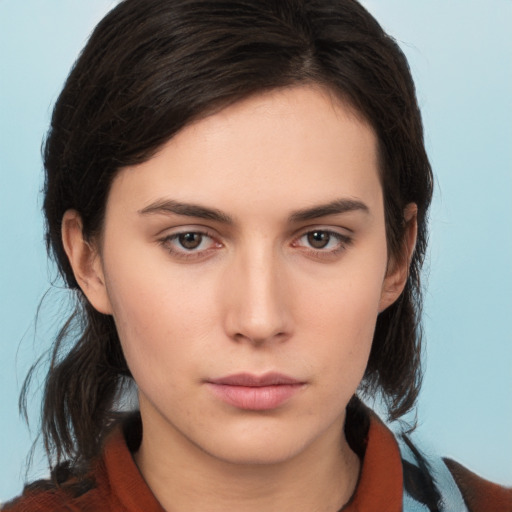 Neutral white young-adult female with medium  brown hair and brown eyes