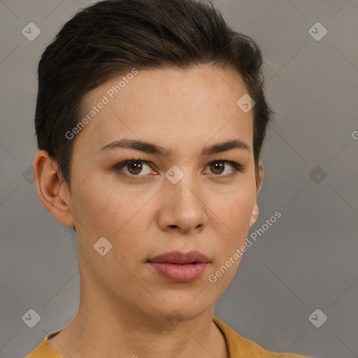 Neutral white young-adult female with short  brown hair and brown eyes