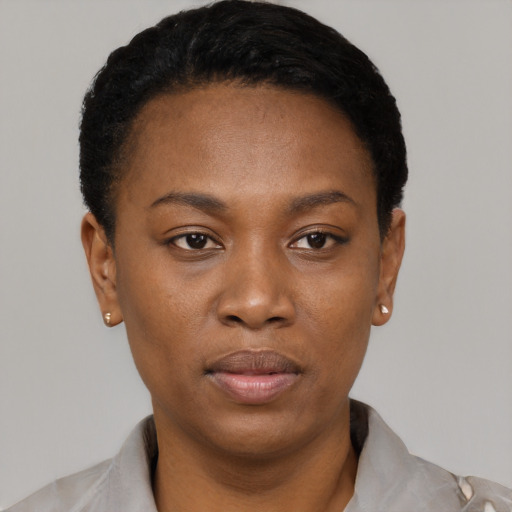 Neutral black young-adult female with short  black hair and brown eyes