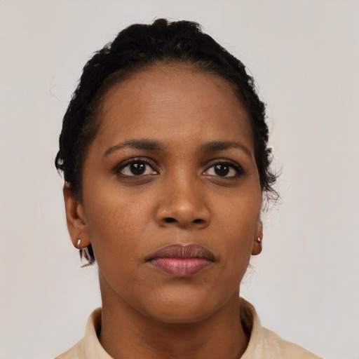 Neutral black young-adult female with short  black hair and brown eyes