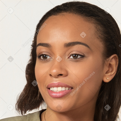 Joyful white young-adult female with long  brown hair and brown eyes