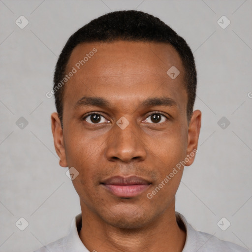 Neutral black young-adult male with short  black hair and brown eyes