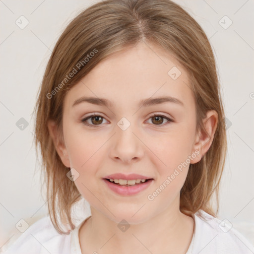 Joyful white child female with medium  brown hair and brown eyes