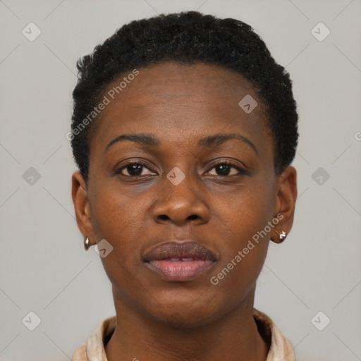 Neutral black young-adult female with short  brown hair and brown eyes