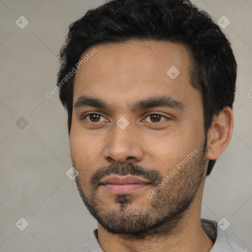 Neutral latino young-adult male with short  black hair and brown eyes