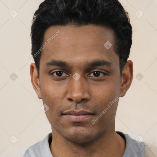 Neutral latino young-adult male with short  black hair and brown eyes