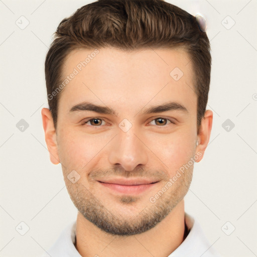 Joyful white young-adult male with short  brown hair and brown eyes