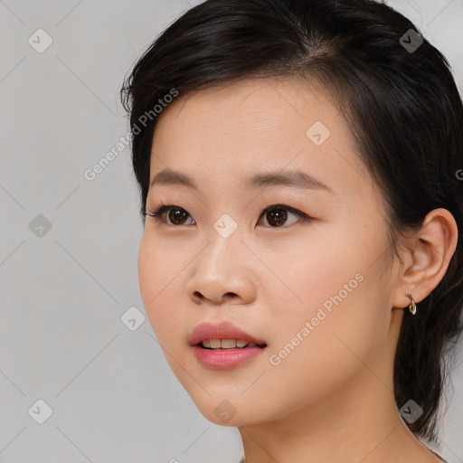 Neutral asian young-adult female with medium  black hair and brown eyes