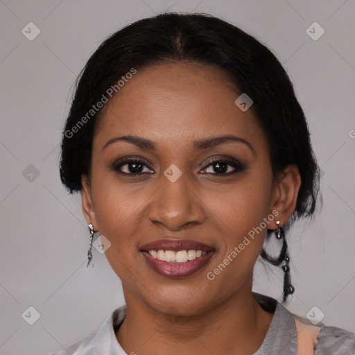 Joyful black young-adult female with medium  black hair and brown eyes