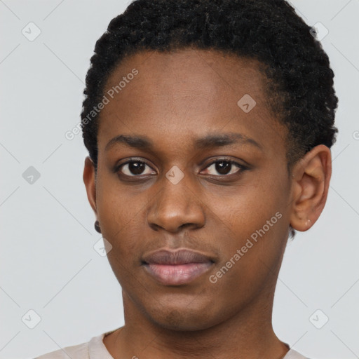 Neutral black young-adult female with short  black hair and brown eyes