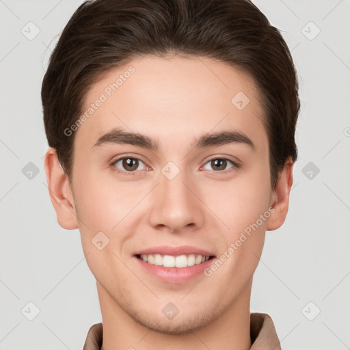 Joyful white young-adult male with short  brown hair and brown eyes