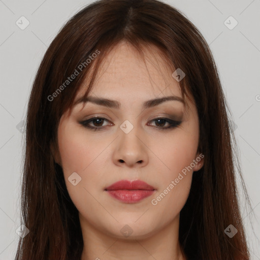 Neutral white young-adult female with long  brown hair and brown eyes