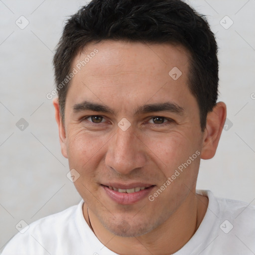 Joyful white young-adult male with short  brown hair and brown eyes