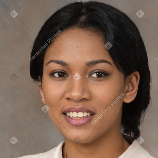 Joyful black young-adult female with medium  black hair and brown eyes