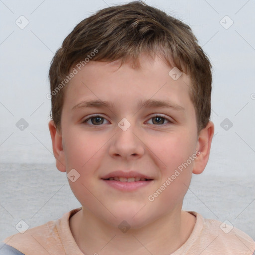 Joyful white child male with short  brown hair and brown eyes