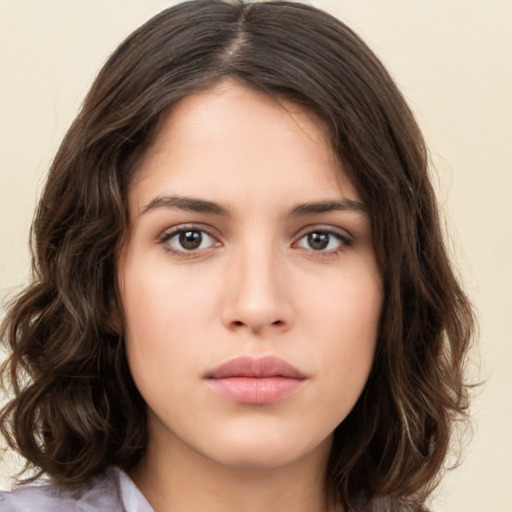 Neutral white young-adult female with medium  brown hair and brown eyes