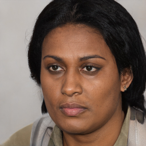 Neutral black young-adult female with medium  black hair and brown eyes