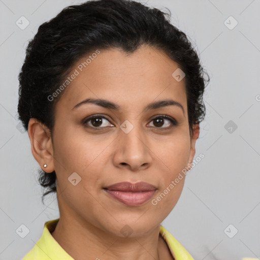 Joyful latino young-adult female with short  brown hair and brown eyes