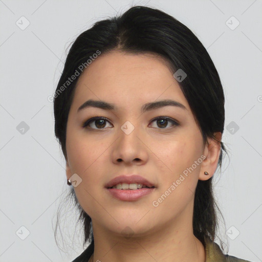 Neutral asian young-adult female with medium  black hair and brown eyes