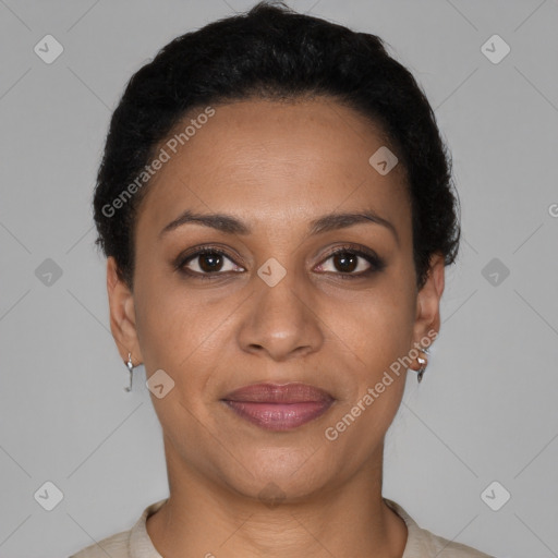 Joyful latino young-adult female with short  brown hair and brown eyes