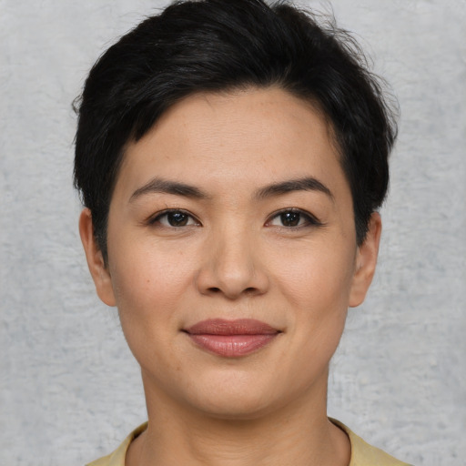 Joyful asian young-adult female with short  brown hair and brown eyes
