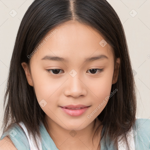 Joyful white child female with medium  brown hair and brown eyes