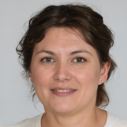 Joyful white adult female with medium  brown hair and brown eyes