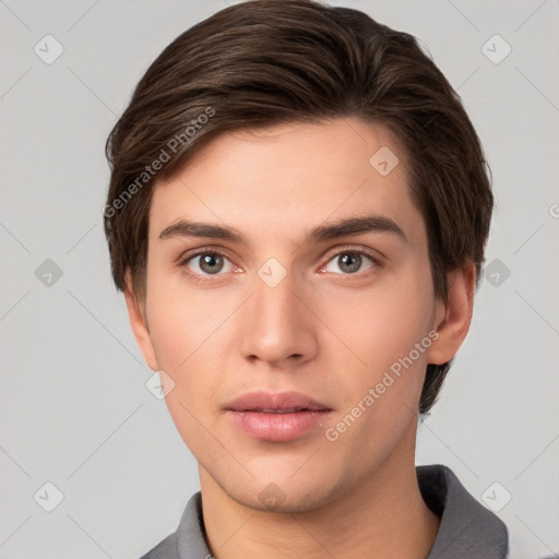 Neutral white young-adult male with short  brown hair and brown eyes