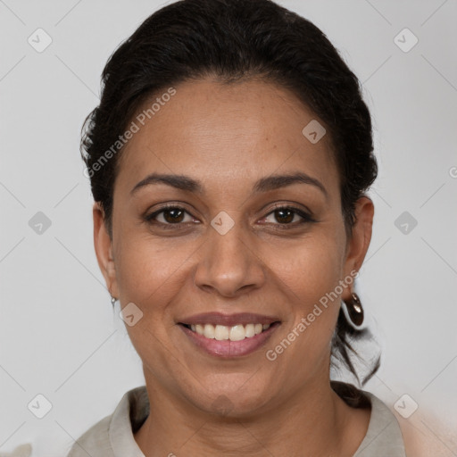 Joyful white adult female with short  brown hair and brown eyes