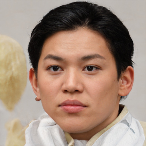 Joyful asian young-adult female with short  brown hair and brown eyes