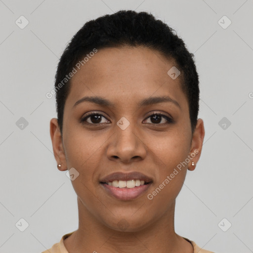 Joyful latino young-adult female with short  black hair and brown eyes