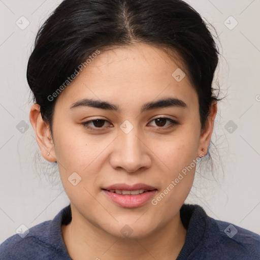 Joyful asian young-adult female with medium  brown hair and brown eyes