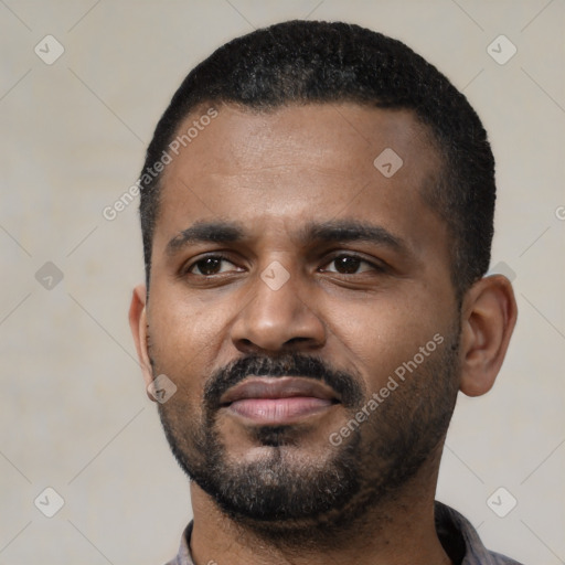 Neutral black young-adult male with short  black hair and brown eyes