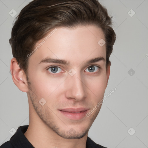 Neutral white young-adult male with short  brown hair and brown eyes