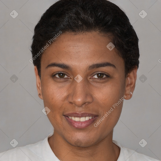 Joyful latino young-adult female with short  brown hair and brown eyes