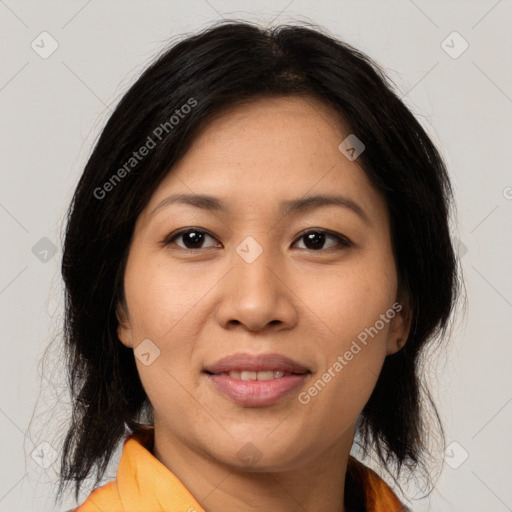 Joyful asian young-adult female with medium  brown hair and brown eyes