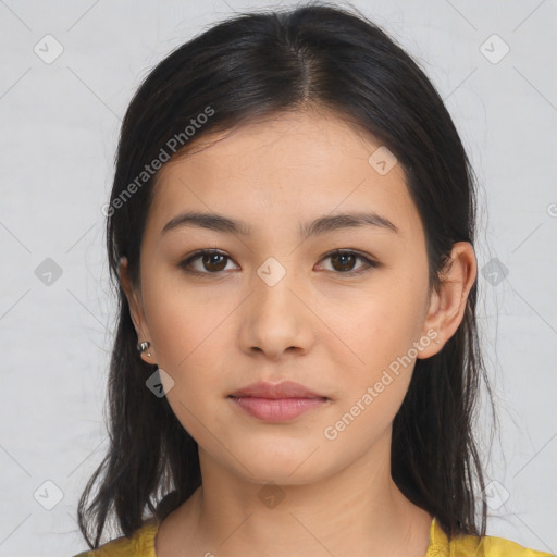 Neutral asian young-adult female with long  brown hair and brown eyes